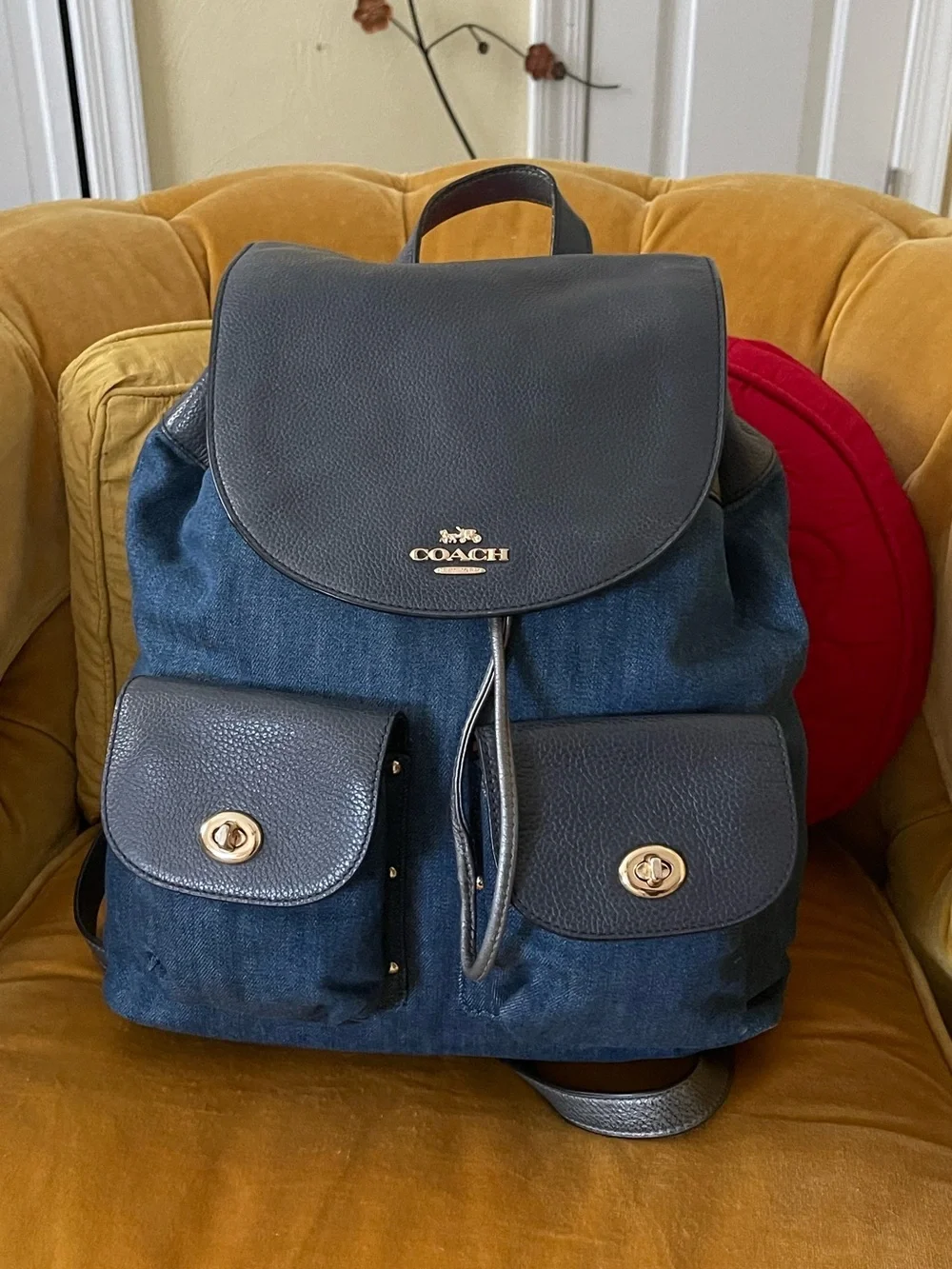 COACH Billie Blue Denim Leather Turnlock Drawstring Backpack F25883